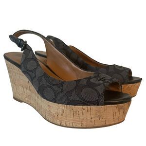 Coach Ferry Peek a boo Sling back platform Signature Wedge Sandal Sz 8.5